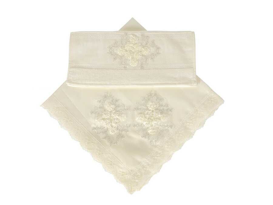  French Laced Gülbuse Satin Towel Bundle Set of 2 Cream