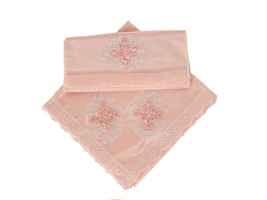 Dowry World - French Laced Gülbuse Satin Towel Bundle Set of 2 Powder Dowry World - French Laced Gülbuse Satin Towel Bundle Set of 2 Powder