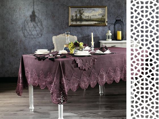 French Guipure Hayal Tablecloth Set 26 Piece Plum