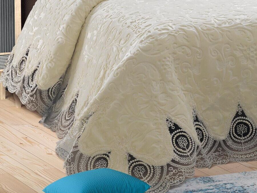 French Guipure Hurrem Blanket Set Cream - Thumbnail