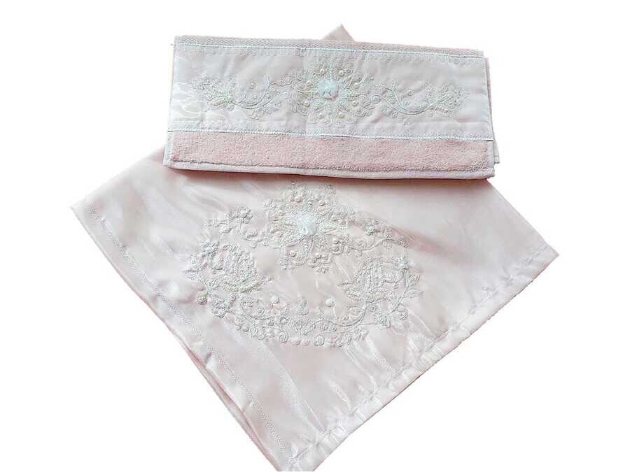 French Guipure Pearl Satin Towel Bundle Set of 2 Powder - Thumbnail