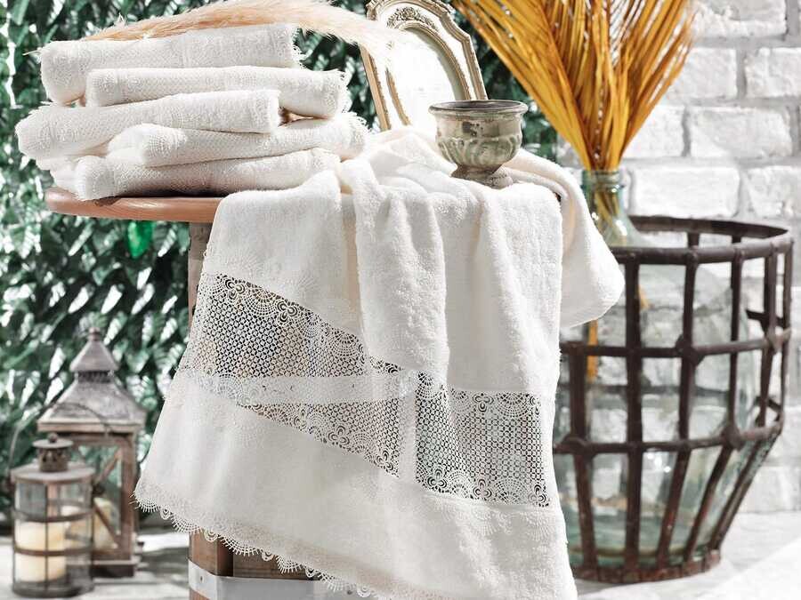 Işıl French Laced Dowry Bamboo Towel Cream - Thumbnail