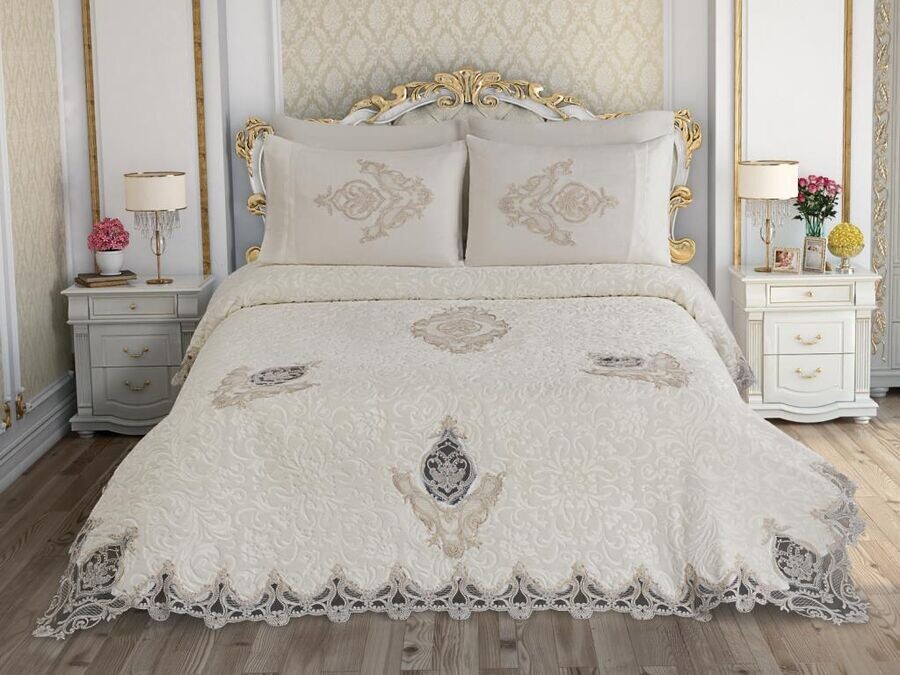 French Guipure Istanbul Blanket Set Cream - Thumbnail