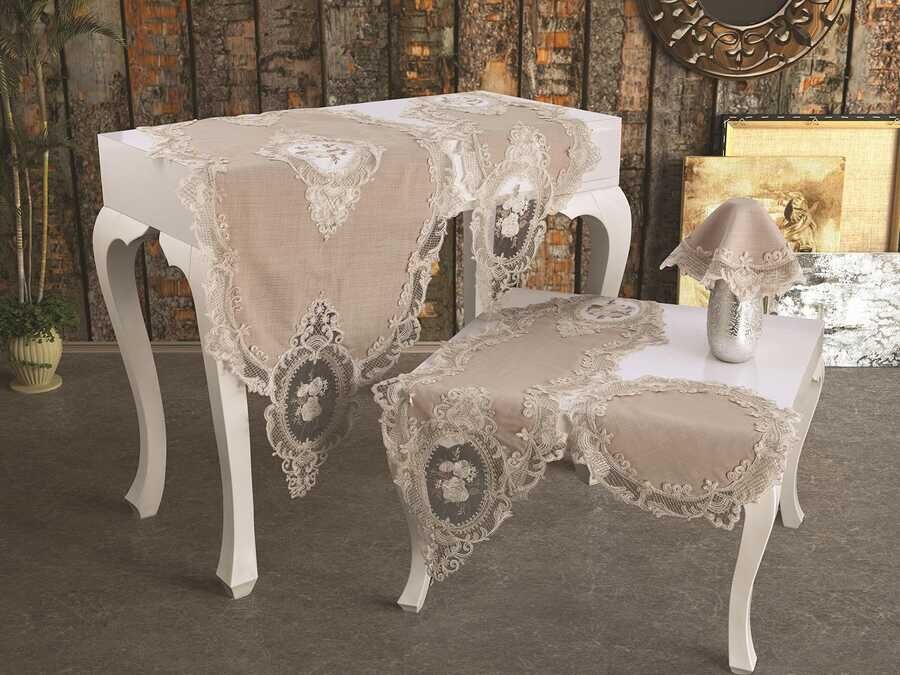  French Laced Velvet Elite Living Room Set 5 Piece Cappucino