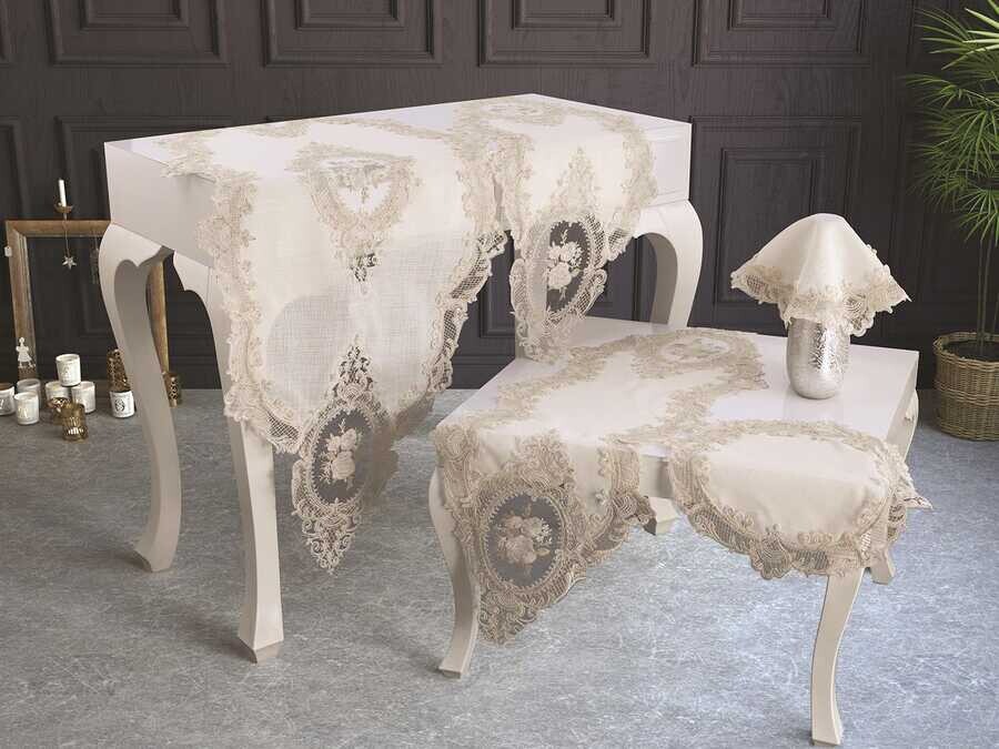 Dowry World - French Guipure Velvet Elite Living Room Set 5 Pieces Ecru Gold