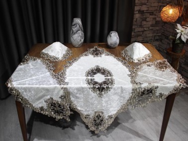 Çeyiz Diyarı - French Guipure Velvet Butterfly Living Room Set 5 Pieces Silver Gold