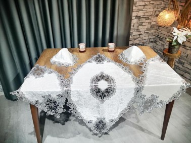 Çeyiz Diyarı - French Guipure Velvet Butterfly Living Room Set 5 Pieces - Cream Silver
