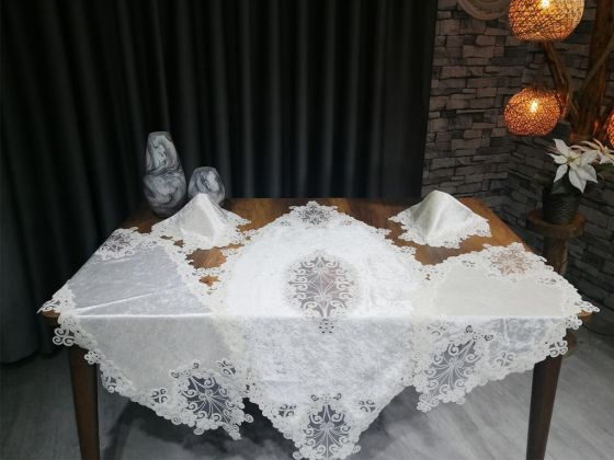 French Guipure Velvet Butterfly Living Room Set 5 Pieces - Cream Cream