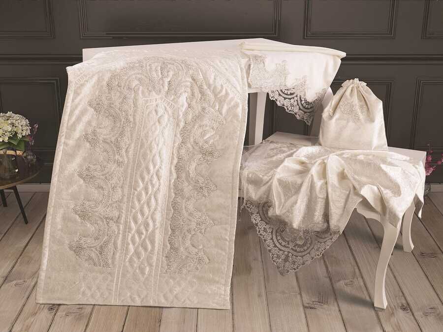  French Laced Velvet Prayer Rug Bundle Set Ottoman Cream