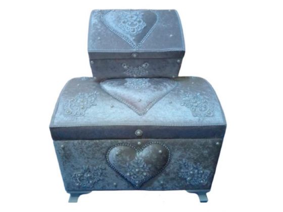 French Guipure Hearted Pearly 2 Pcs Dowery Chest Gray