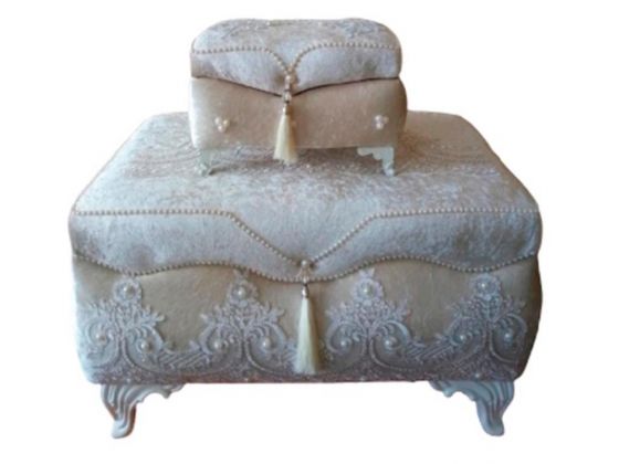 French Guipure Square Carved 2 Pcs Dowery Chest Cappucino