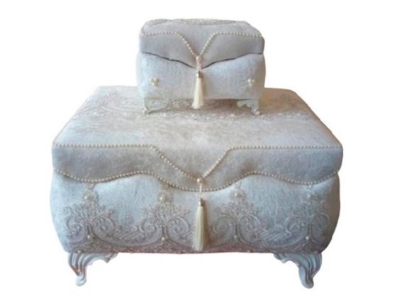 French Guipure Square Carved 2 Pcs Dowery Chest Cream