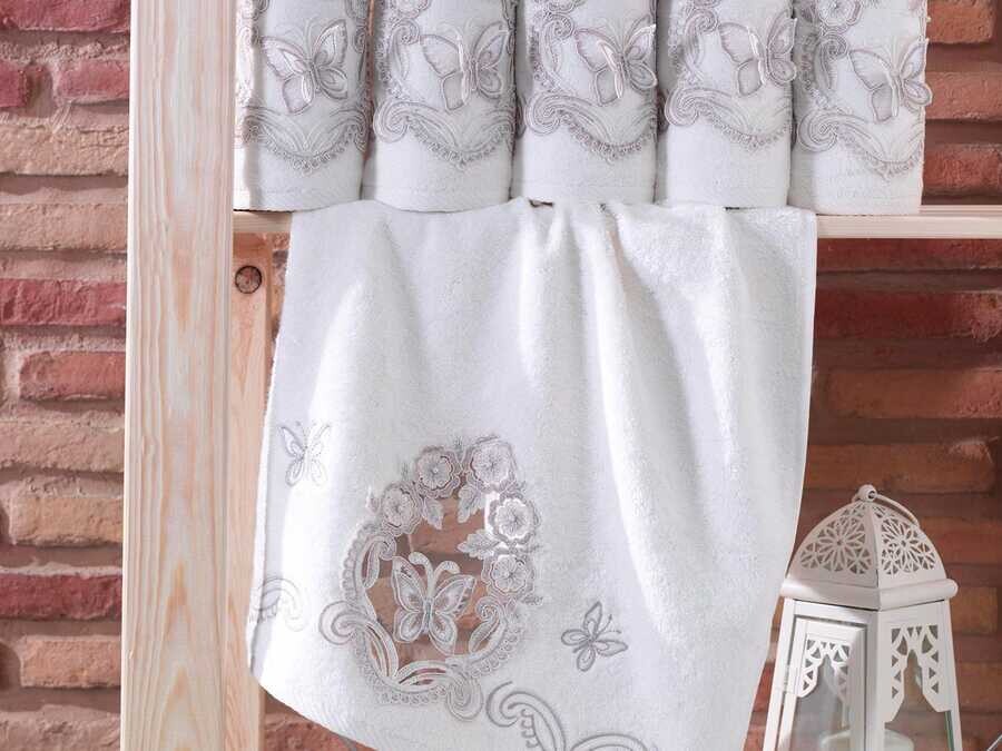  French Laced Kelebeğim Dowry Bamboo Towel Cream - Thumbnail