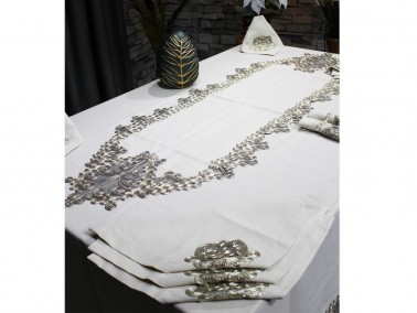 French Laced Butterfly Table Cloth Set 26 Pieces Cappucino - Thumbnail