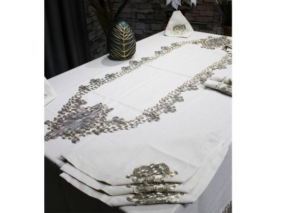 French Laced Butterfly Table Cloth Set 26 Pieces Cappucino