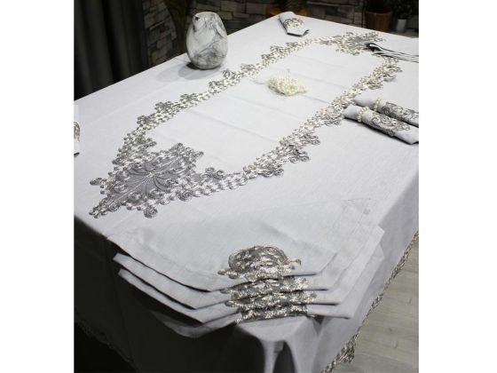 French Laced Butterfly Table Cloth Set 26 Pieces Gray