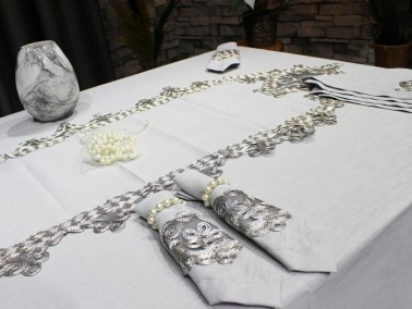 French Laced Butterfly Table Cloth Set 26 Pieces Gray - Thumbnail