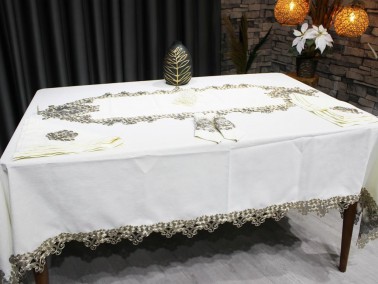 French Guipure Butterfly Table Cloth Set 26 Pieces Cream Gold - Thumbnail