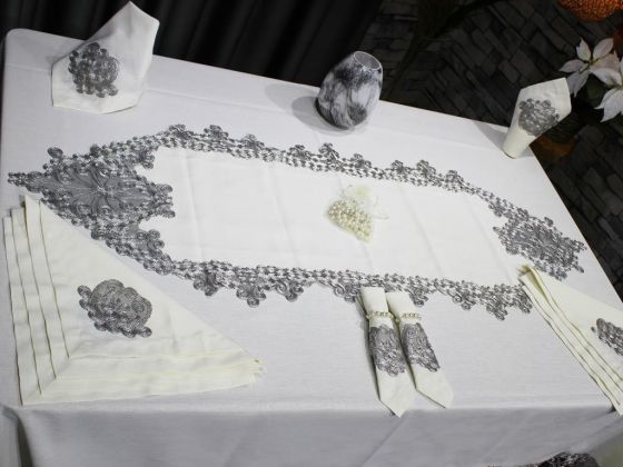 French Laced Butterfly Table Cloth Set 26 Pieces Cream Silver