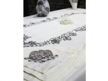 French Laced Butterfly Table Cloth Set 26 Pieces Cream Silver - Thumbnail