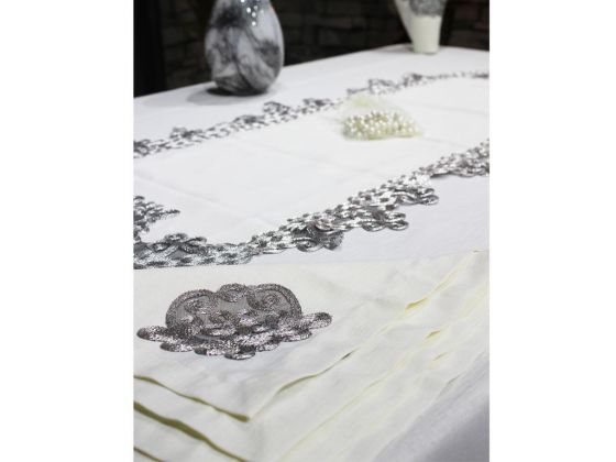 French Laced Butterfly Table Cloth Set 26 Pieces Cream Silver