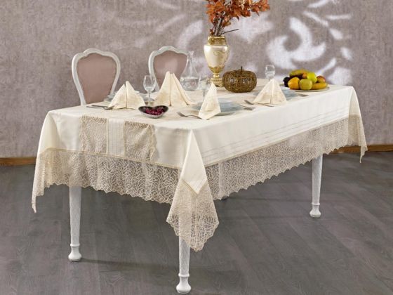 French Guipure Coral Table Cloth Set Ecru Gold 26 Pieces