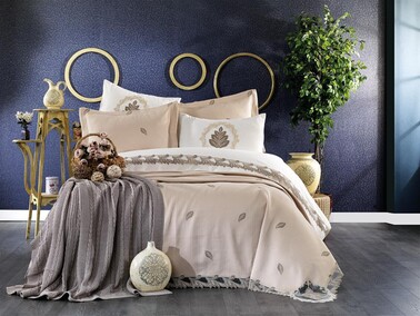 Dowry World - Fransız Güpürlü Nakışlı Alya Battaniyeli Gelin Seti Krem Cappucino Dowry World - Fransız Güpürlü Nakışlı Alya Battaniyeli Gelin Seti Krem Cappucino