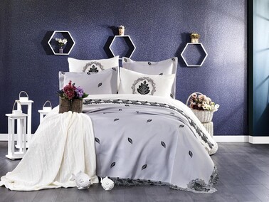 Dowry World - French Guipure Embroidered Alya Blanket Bridal Set Cream Gray Dowry World - French Guipure Embroidered Alya Blanket Bridal Set Cream Gray