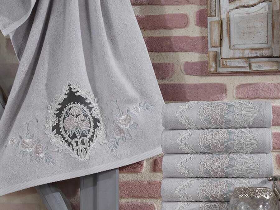  French Laced Embroidered Gonca Dowry Bamboo Towel Gray - Thumbnail