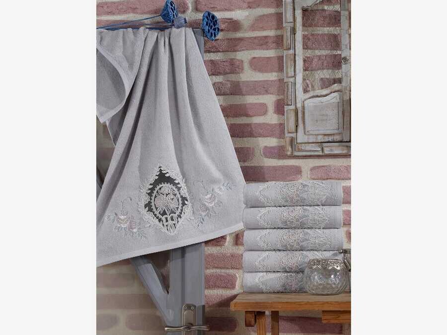  French Laced Embroidered Gonca Dowry Bamboo Towel Gray - Thumbnail