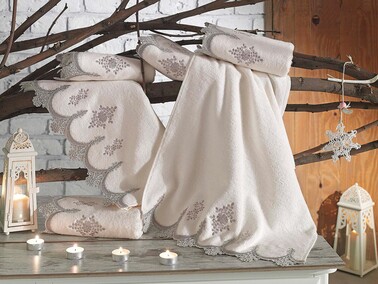  French Laced Embroidered Sare Dowry Bamboo Towel Cream - Thumbnail