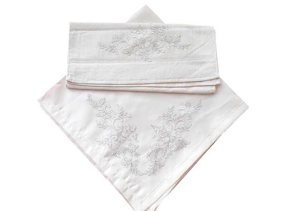 French Guipure Nergis Satin Towel Bundle Set 2 PCS - Cream