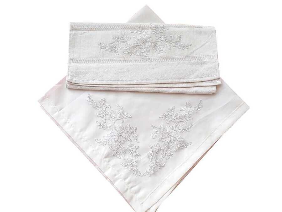 French Guipure Nergis Satin Towel Bundle Set 2 PCS - Cream - Thumbnail