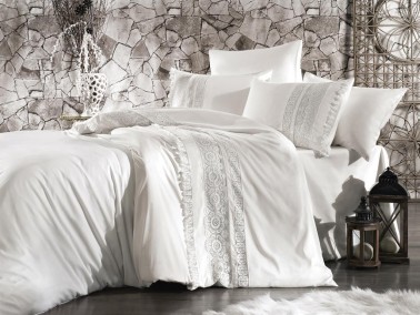 French Guipure Rodya Double 6 Piece Duvet Cover Set Cream - Thumbnail