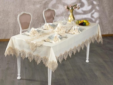 Çeyiz Diyarı - French Guipure Saltanat Table Cloth Set Ecru Gold 26 Pieces Çeyiz Diyarı - French Guipure Saltanat Table Cloth Set Ecru Gold 26 Pieces