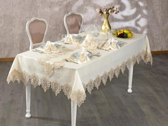 French Guipure Saltanat Table Cloth Set Ecru Gold 26 Pieces