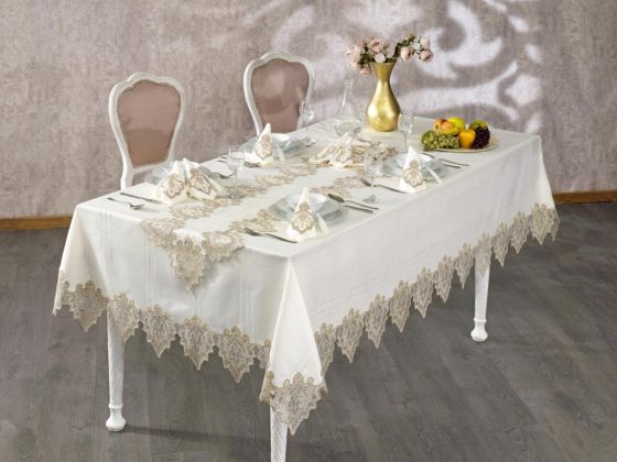 French Guipure Saltanat Table Cloth Set Ecru Copper 26 Pieces