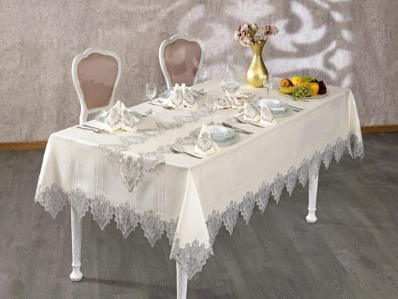 French Guipure Saltanat Table Cloth Set Ecru Silver 26 Pieces