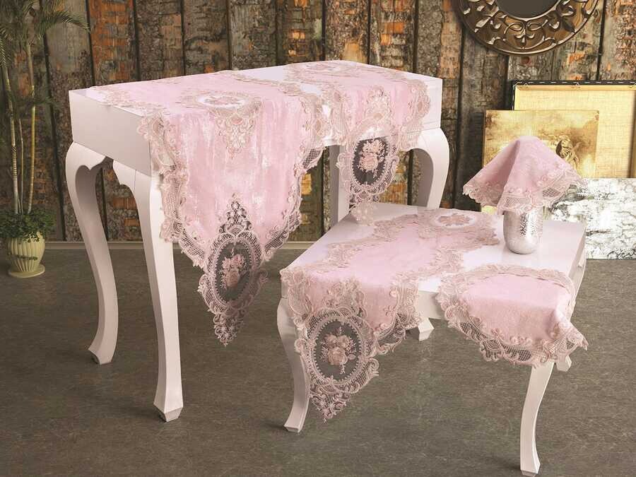 Dowry World - French Laced Chenille Elite Living Room Table Cover Set 5 Pcs Powder