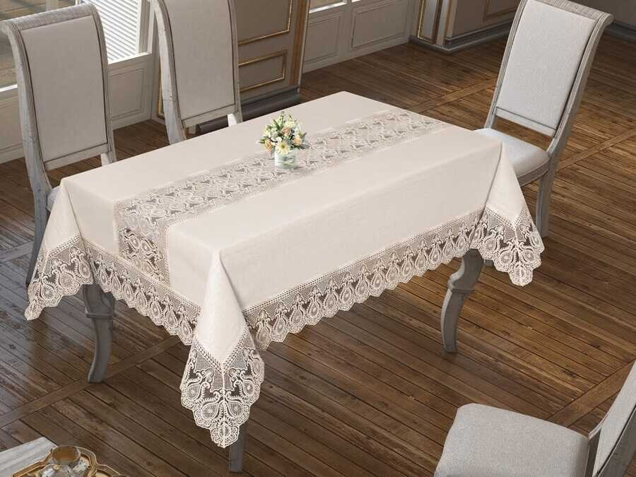 Dowry World - French Guipure Sunny Linen Table Cloth Cream 160x220 Cm Dowry World - French Guipure Sunny Linen Table Cloth Cream 160x220 Cm