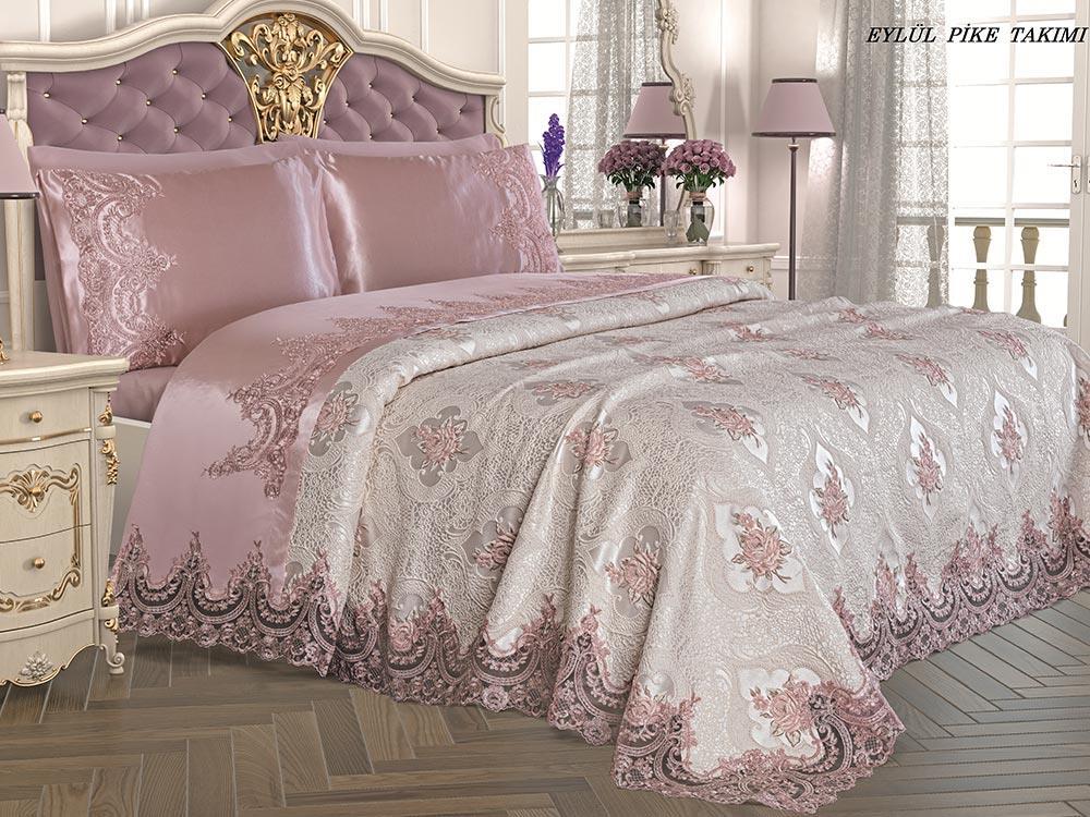 Dowry World - طقم غطاء صيفي مفرد مطرز بالدانتيل الفرنسي وردي Eylül Dowry World - طقم غطاء صيفي مفرد مطرز بالدانتيل الفرنسي وردي Eylül