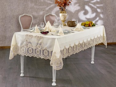 Çeyiz Diyarı - French Guipure Tugra Table Cloth Set Ecru Gold 26 Pieces Çeyiz Diyarı - French Guipure Tugra Table Cloth Set Ecru Gold 26 Pieces