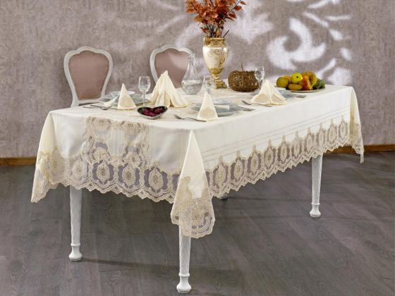 French Guipure Tugra Table Cloth Set Ecru Gold 26 Pieces