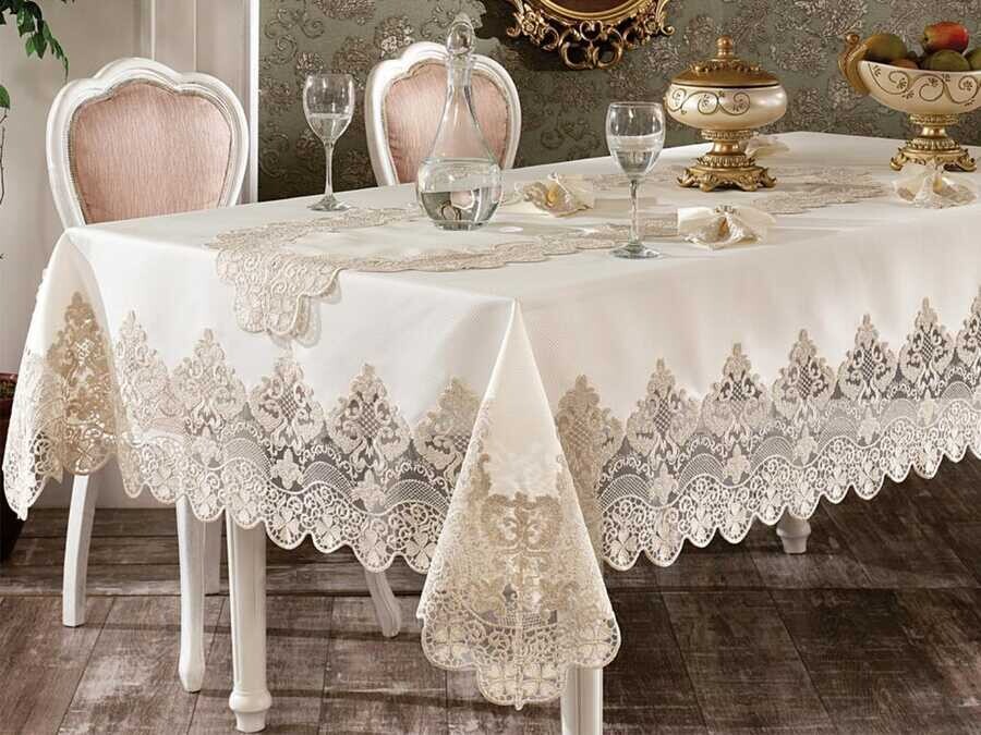 French Guipure Ruby Table Cloth Set 160x300 Cm 26 Pieces Ecru Gold - Thumbnail