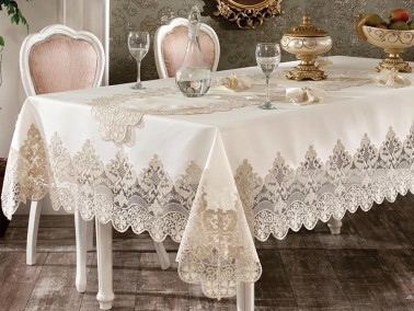 French Guipure Ruby Table Cloth Set 170x420 Cm 26 Pieces Ecru Gold - Thumbnail