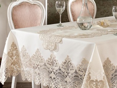 French Guipure Ruby Table Cloth Set 170x420 Cm 26 Pieces Ecru Gold - Thumbnail