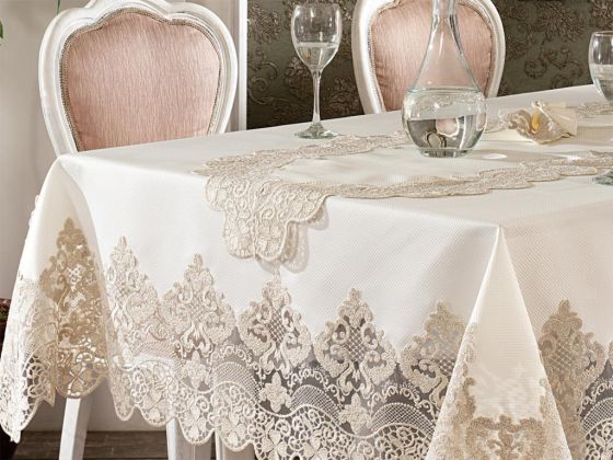 French Guipure Ruby Table Cloth Set 170x420 Cm 26 Pieces Ecru Gold
