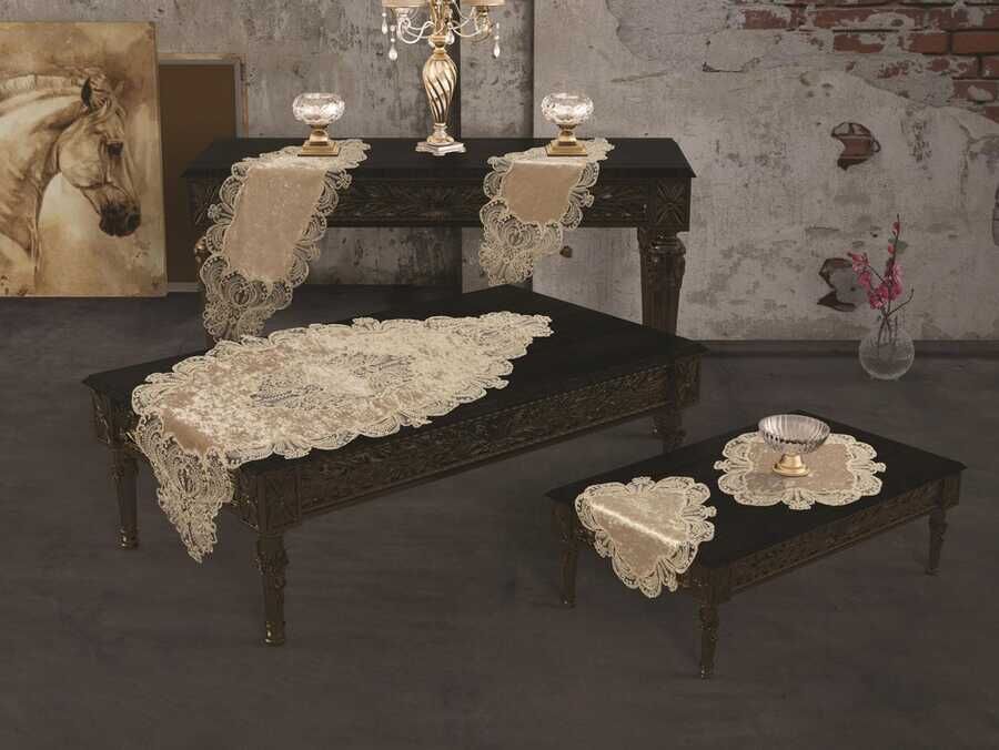  French Laced Yasemin Velvet Living Room Set 5 Pieces Cappucino