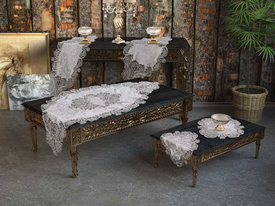  French Laced Yasemin Velvet Living Room Set 5 Pieces Gray
