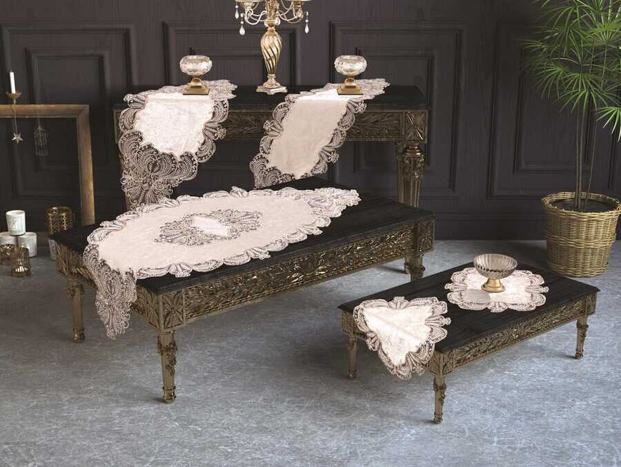  French Laced Yasemin Velvet Living Room Set 5 Pieces Cream - Thumbnail